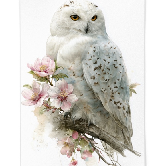 Watercolor Snowy Owl with Flowers Portrait Wall Art Print, Unframed - Enchanting - Picture 2 of 6